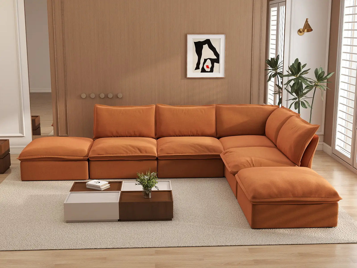 Deluxe Cloud 4-Seater Large L-Shaped Sofa | 6-Piece (includes 2 ottomans), Velvet Fabric, Storage Ottoman