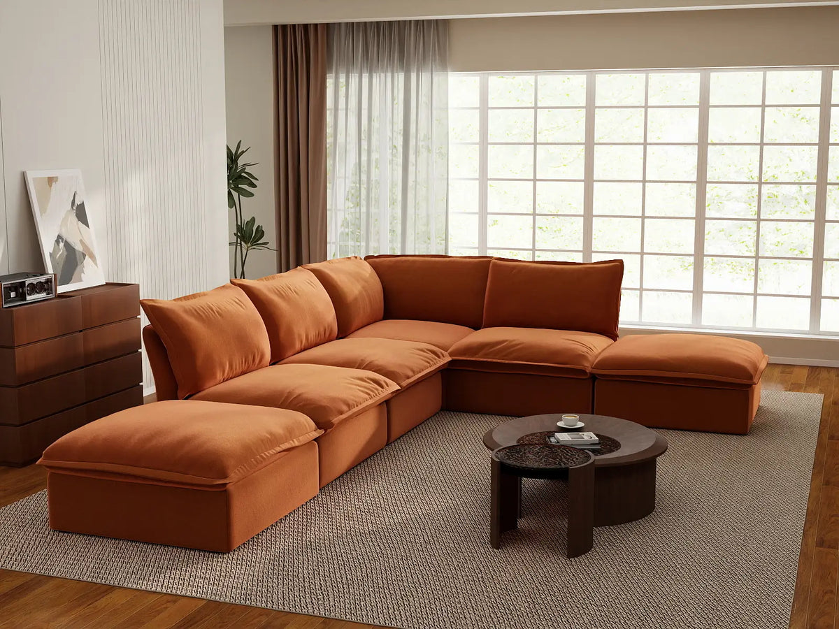 Deluxe Cloud 4-Seater Large L-Shaped Sofa | 6-Piece (includes 2 ottomans), Velvet Fabric, Storage Ottoman
