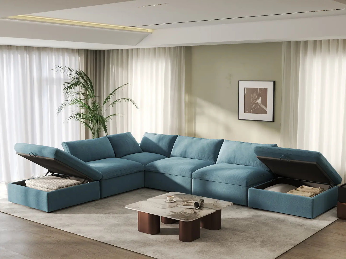 Deluxe Cloud 4-Seater Light Blue Sofa Set | 6-Piece (Includes 2 Ottomans), Velvet Fabric, Washable Cushion Covers