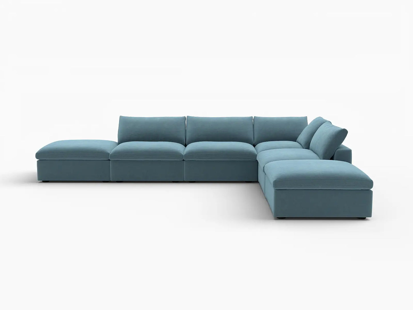 Deluxe Cloud 4-Seater Light Blue Sofa Set | 6-Piece (Includes 2 Ottomans), Velvet Fabric, Washable Cushion Covers