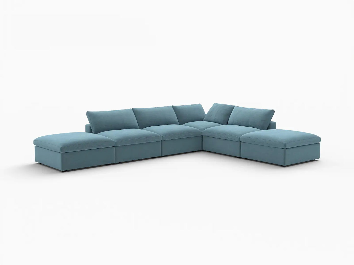 Deluxe Cloud 4-Seater Light Blue Sofa Set | 6-Piece (Includes 2 Ottomans), Velvet Fabric, Washable Cushion Covers