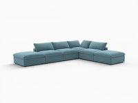 Deluxe Cloud 4-Seater Light Blue Sofa Set | 6-Piece (Includes 2 Ottomans), Velvet Fabric, Washable Cushion Covers