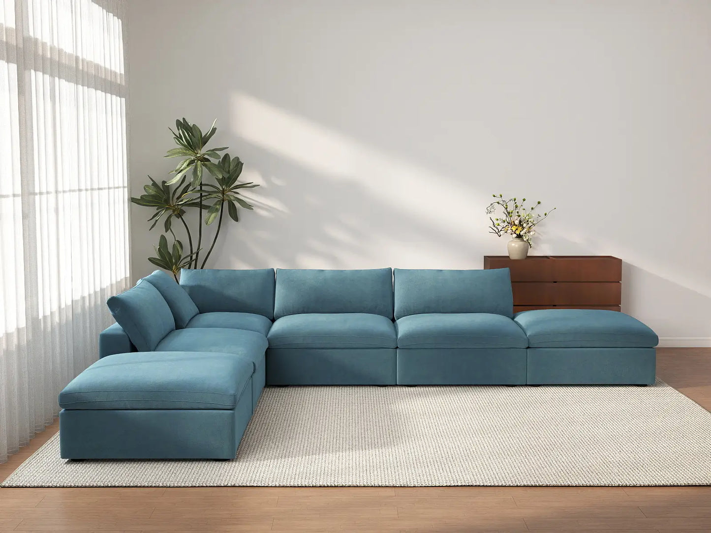 Deluxe Cloud 4-Seater Light Blue Sofa Set | 6-Piece (Includes 2 Ottomans), Velvet Fabric, Washable Cushion Covers