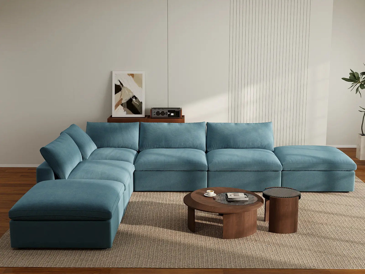 Deluxe Cloud 4-Seater Light Blue Sofa Set | 6-Piece (Includes 2 Ottomans), Velvet Fabric, Washable Cushion Covers