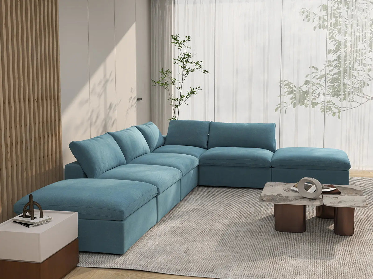 Deluxe Cloud 4-Seater Light Blue Sofa Set | 6-Piece (Includes 2 Ottomans), Velvet Fabric, Washable Cushion Covers
