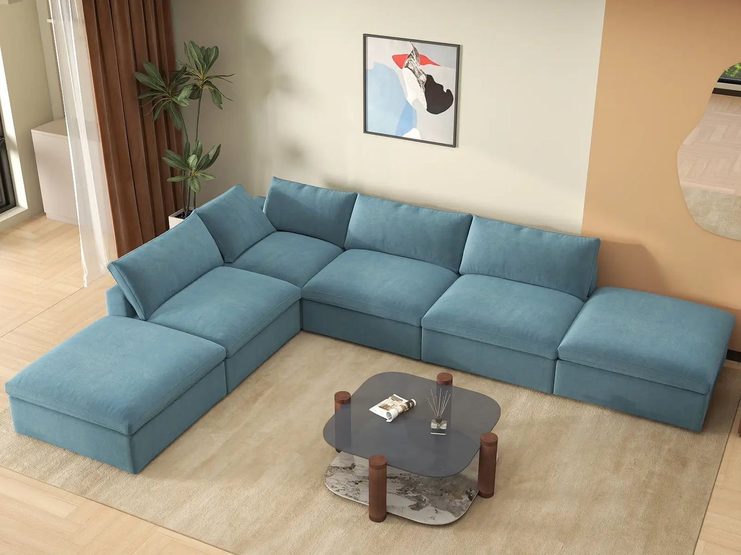 Deluxe Cloud 4-Seater Light Blue Sofa Set | 6-Piece (Includes 2 Ottomans), Velvet Fabric, Washable Cushion Covers