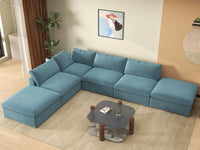 Deluxe Cloud 4-Seater Light Blue Sofa Set | 6-Piece (Includes 2 Ottomans), Velvet Fabric, Washable Cushion Covers