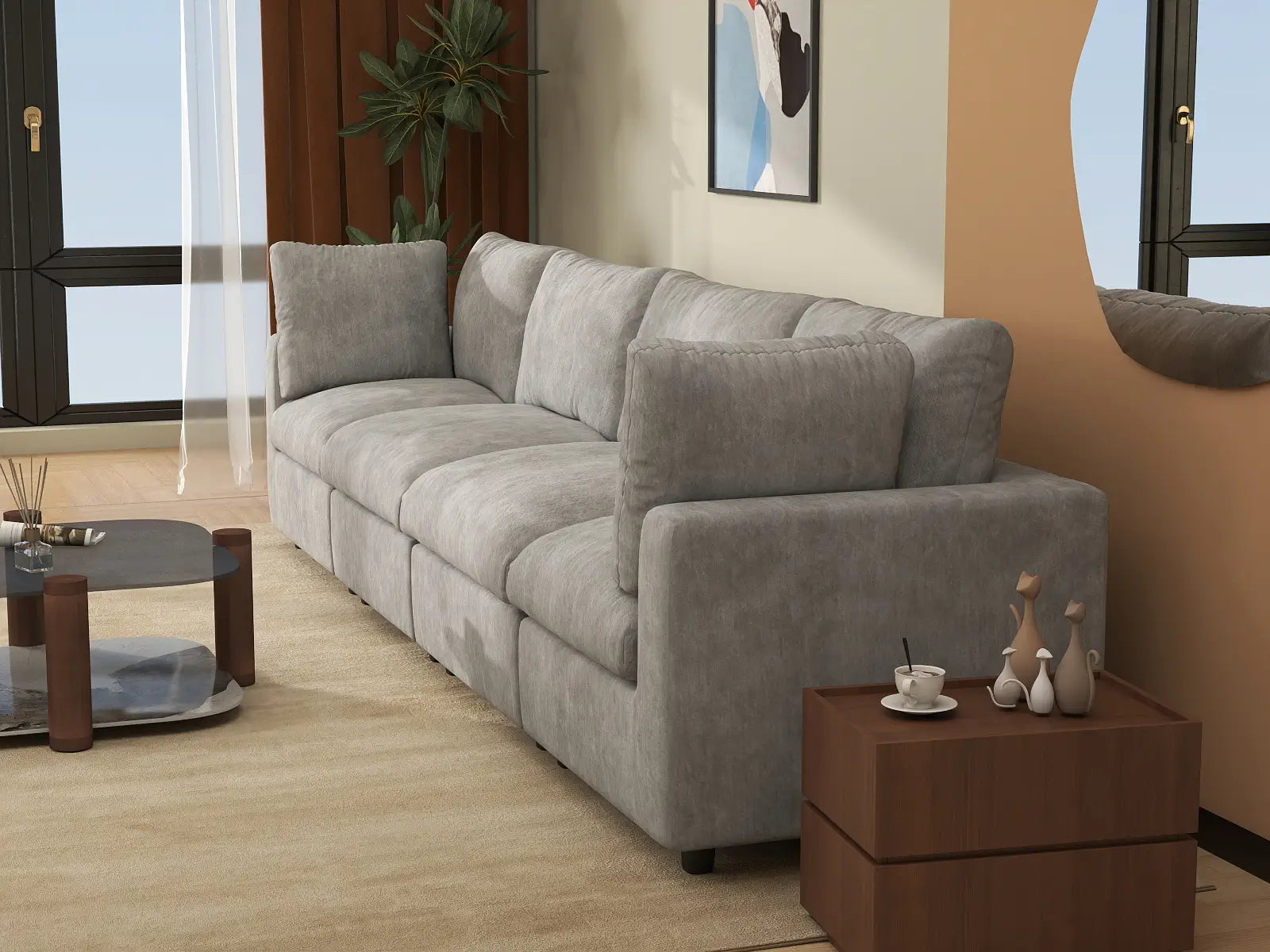 Seccional Sofá Deluxe Cloud de 4 Plazas Gris Claro | 4 Piezas, Tela de Chenilla con Mezcla de Lino, Fundas de Cojín Lavables