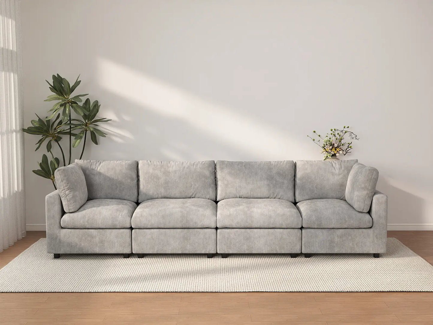 Seccional Sofá Deluxe Cloud de 4 Plazas Gris Claro | 4 Piezas, Tela de Chenilla con Mezcla de Lino, Fundas de Cojín Lavables