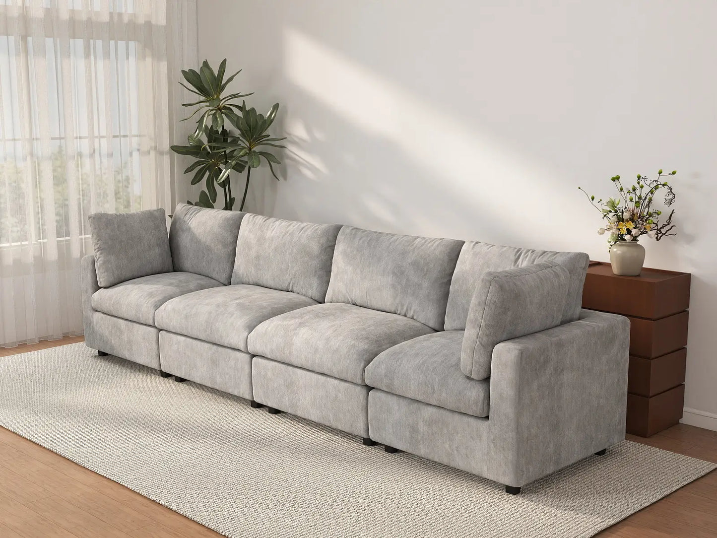 Seccional Sofá Deluxe Cloud de 4 Plazas Gris Claro | 4 Piezas, Tela de Chenilla con Mezcla de Lino, Fundas de Cojín Lavables