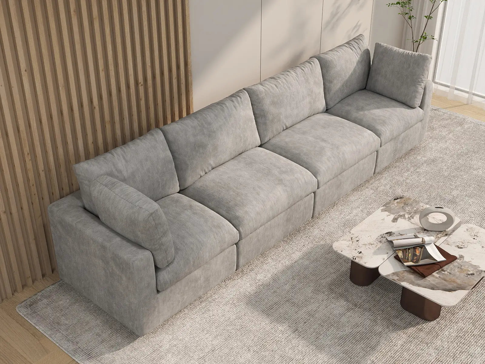 Seccional Sofá Deluxe Cloud de 4 Plazas Gris Claro | 4 Piezas, Tela de Chenilla con Mezcla de Lino, Fundas de Cojín Lavables