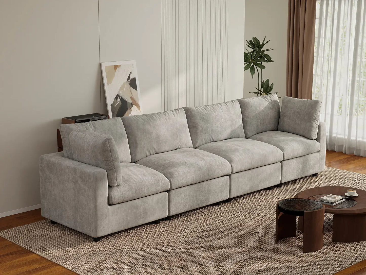 Seccional Sofá Deluxe Cloud de 4 Plazas Gris Claro | 4 Piezas, Tela de Chenilla con Mezcla de Lino, Fundas de Cojín Lavables