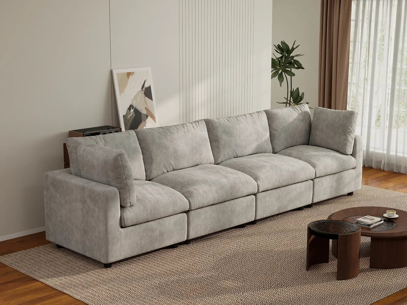 Seccional Sofá Deluxe Cloud de 4 Plazas Gris Claro | 4 Piezas, Tela de Chenilla con Mezcla de Lino, Fundas de Cojín Lavables