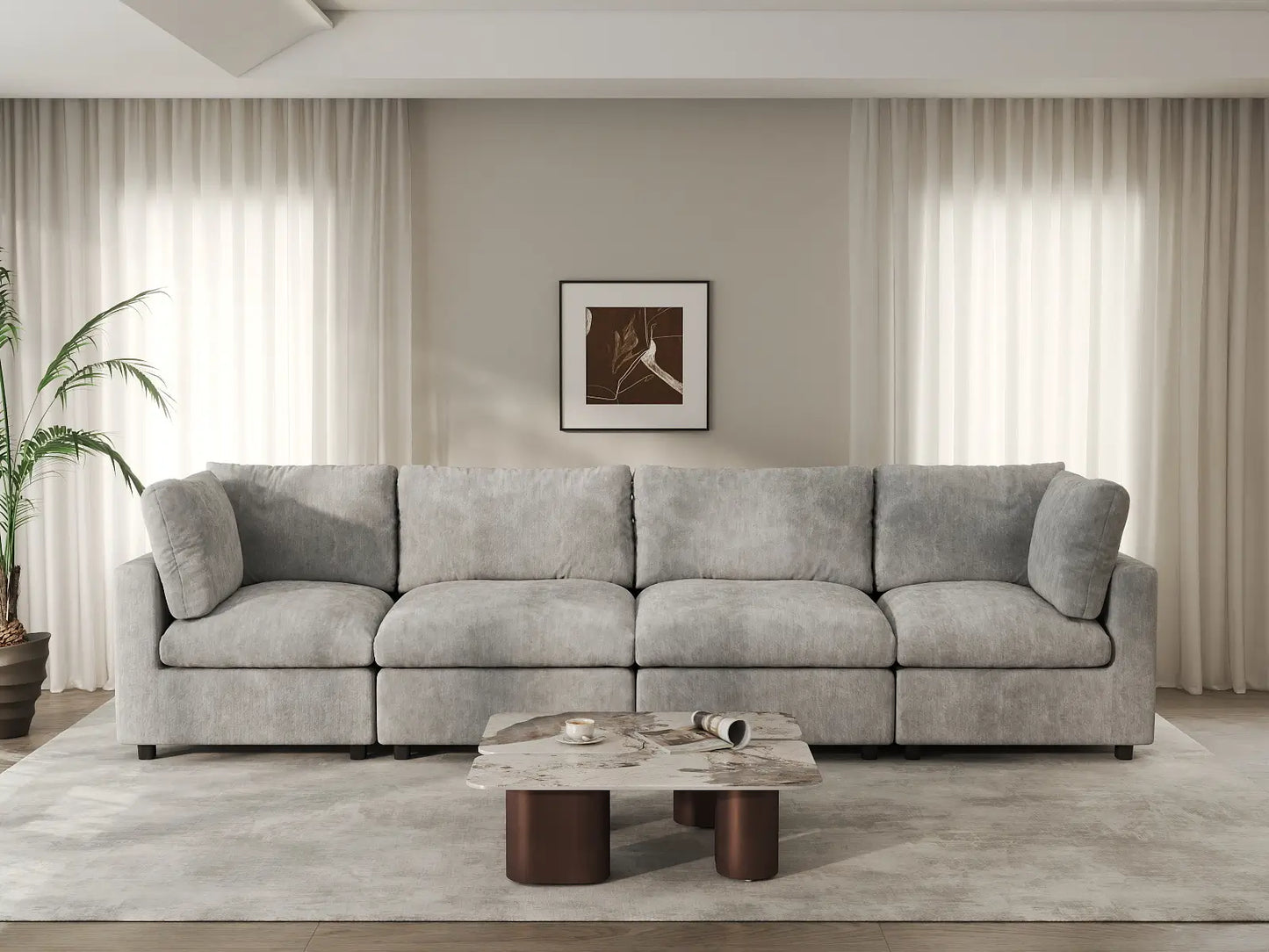 Seccional Sofá Deluxe Cloud de 4 Plazas Gris Claro | 4 Piezas, Tela de Chenilla con Mezcla de Lino, Fundas de Cojín Lavables