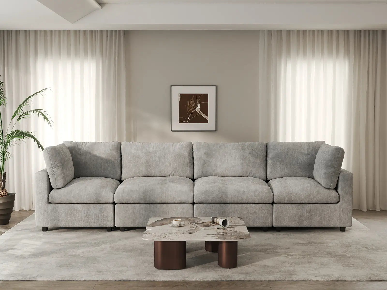 Seccional Sofá Deluxe Cloud de 4 Plazas Gris Claro | 4 Piezas, Tela de Chenilla con Mezcla de Lino, Fundas de Cojín Lavables