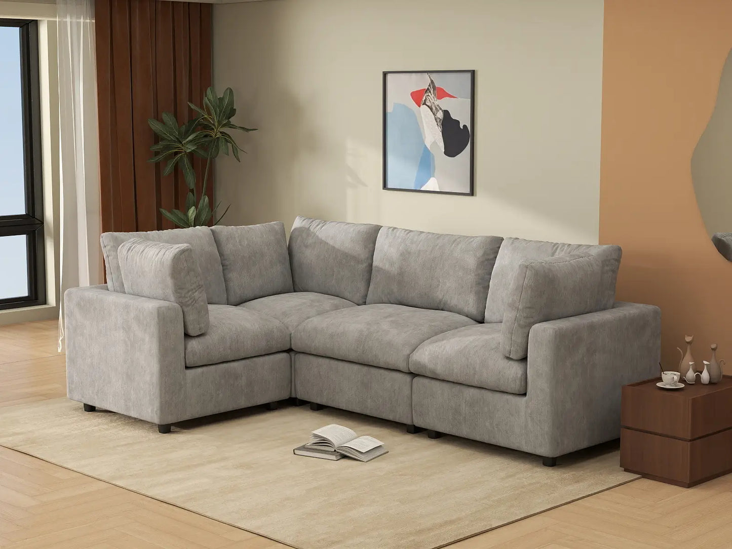 Sofá modular Deluxe Cloud de 4 plazas en forma de L, gris claro | 4 piezas, tela de chenilla mezcla de lino, fundas de cojín lavables