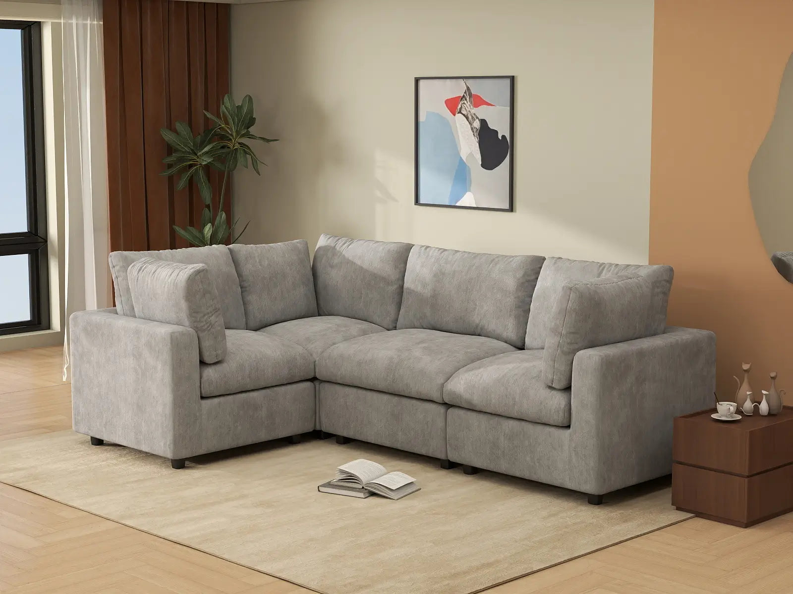 Sofá modular Deluxe Cloud de 4 plazas en forma de L, gris claro | 4 piezas, tela de chenilla mezcla de lino, fundas de cojín lavables