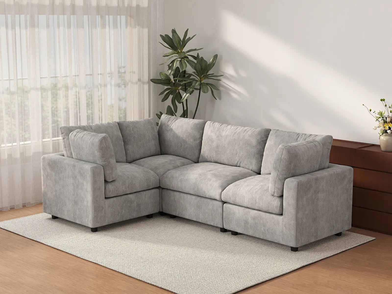 Sofá modular Deluxe Cloud de 4 plazas en forma de L, gris claro | 4 piezas, tela de chenilla mezcla de lino, fundas de cojín lavables