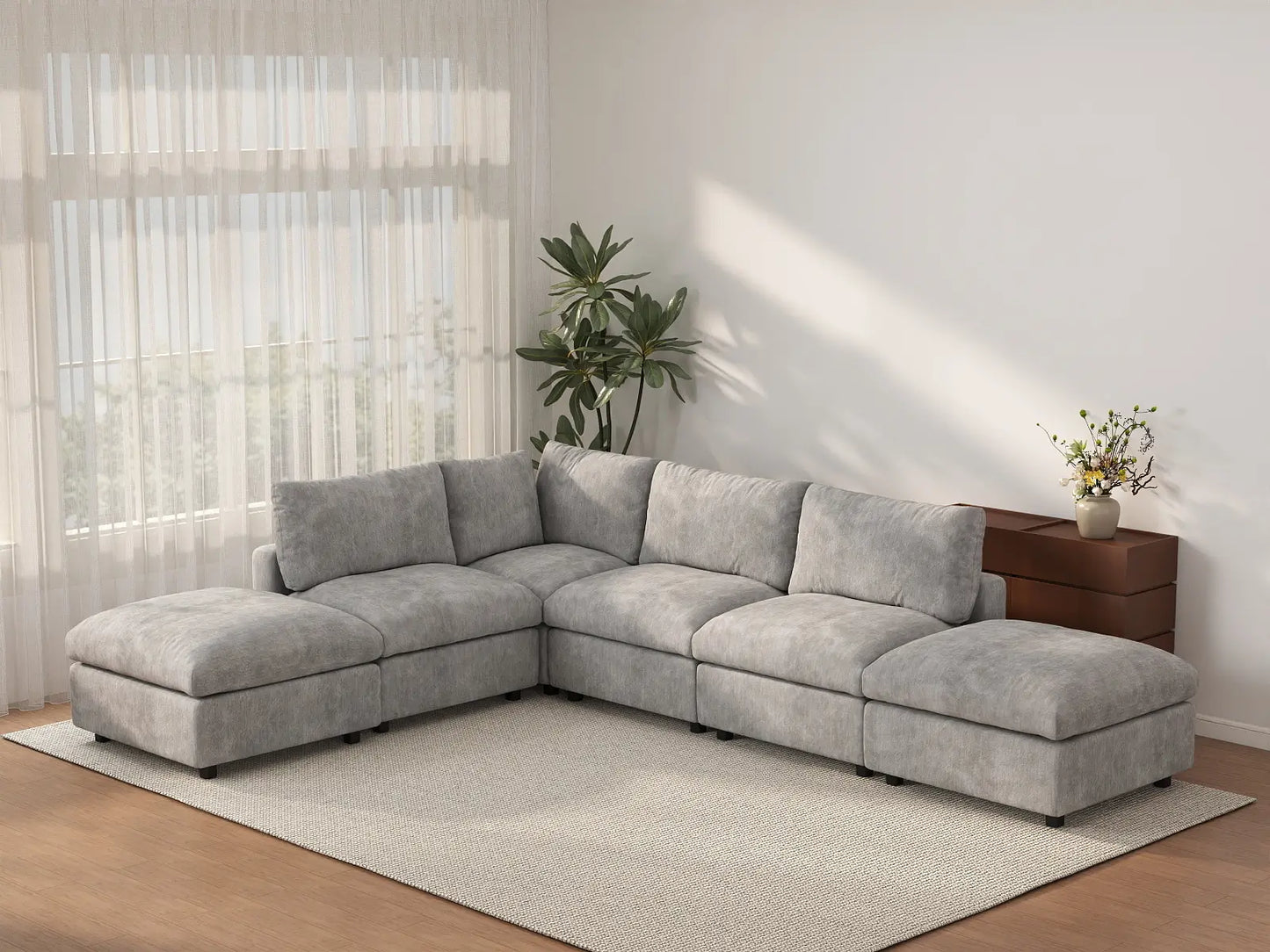 Sofá esquinero de lujo Cloud de 4 plazas gris claro en forma de L | 6 piezas (incluye 2 otomanas), tejido de chenilla de mezcla de lino, fundas de cojín lavables