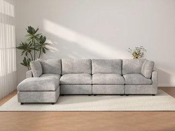 Sofá modular en forma de L Deluxe Cloud de 4 plazas gris claro | 5 piezas (incluye 1 otomana), tela de chenilla mezcla de lino, fundas de cojín lavables