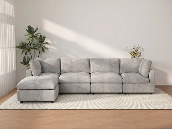 Sofá modular en forma de L Deluxe Cloud de 4 plazas gris claro | 5 piezas (incluye 1 otomana), tela de chenilla mezcla de lino, fundas de cojín lavables