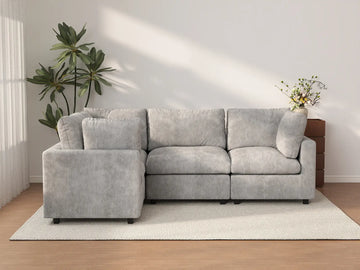 Sofá modular Deluxe Cloud de 4 plazas en forma de L, gris claro | 4 piezas, tela de chenilla mezcla de lino, fundas de cojín lavables