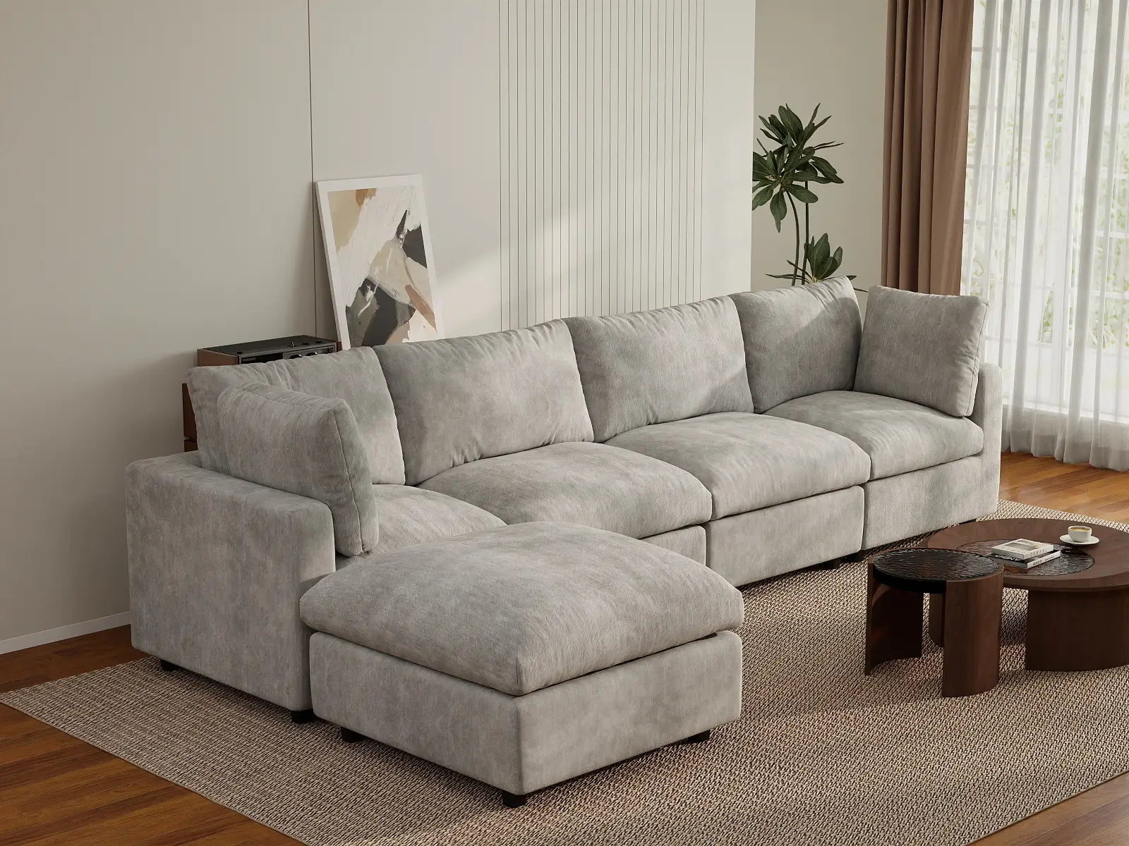 Sofá modular en forma de L Deluxe Cloud de 4 plazas gris claro | 5 piezas (incluye 1 otomana), tela de chenilla mezcla de lino, fundas de cojín lavables