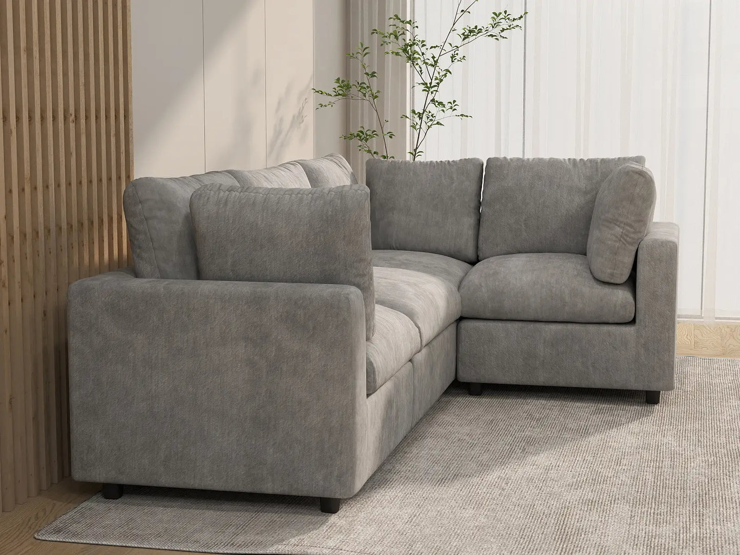 Sofá modular Deluxe Cloud de 4 plazas en forma de L, gris claro | 4 piezas, tela de chenilla mezcla de lino, fundas de cojín lavables