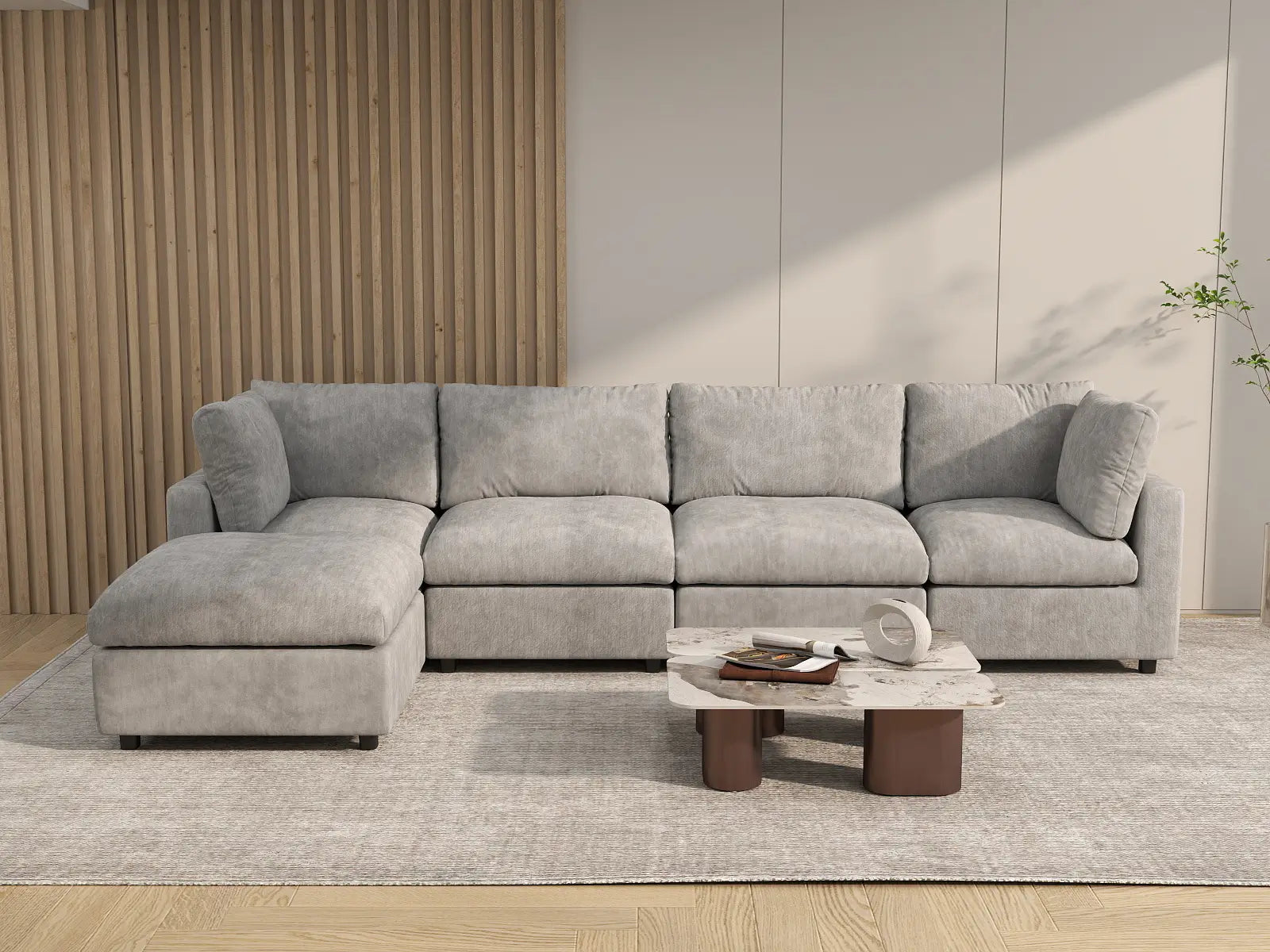 Sofá modular en forma de L Deluxe Cloud de 4 plazas gris claro | 5 piezas (incluye 1 otomana), tela de chenilla mezcla de lino, fundas de cojín lavables