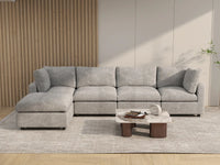 Sofá modular en forma de L Deluxe Cloud de 4 plazas gris claro | 5 piezas (incluye 1 otomana), tela de chenilla mezcla de lino, fundas de cojín lavables
