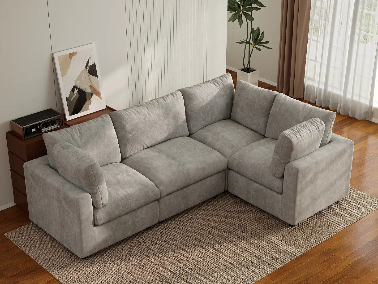 Sofá modular Deluxe Cloud de 4 plazas en forma de L, gris claro | 4 piezas, tela de chenilla mezcla de lino, fundas de cojín lavables