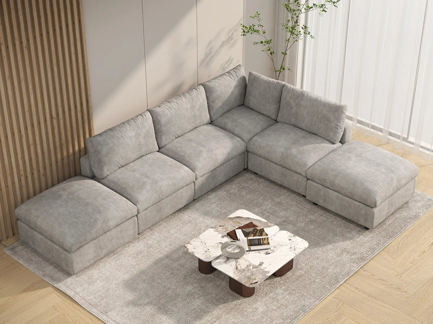 Sofá esquinero de lujo Cloud de 4 plazas gris claro en forma de L | 6 piezas (incluye 2 otomanas), tejido de chenilla de mezcla de lino, fundas de cojín lavables