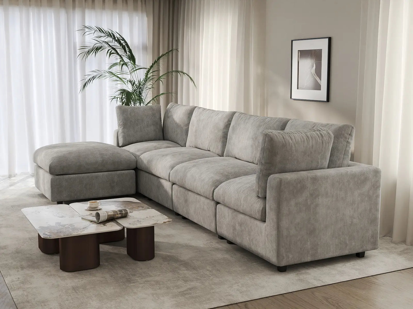 Sofá modular en forma de L Deluxe Cloud de 4 plazas gris claro | 5 piezas (incluye 1 otomana), tela de chenilla mezcla de lino, fundas de cojín lavables