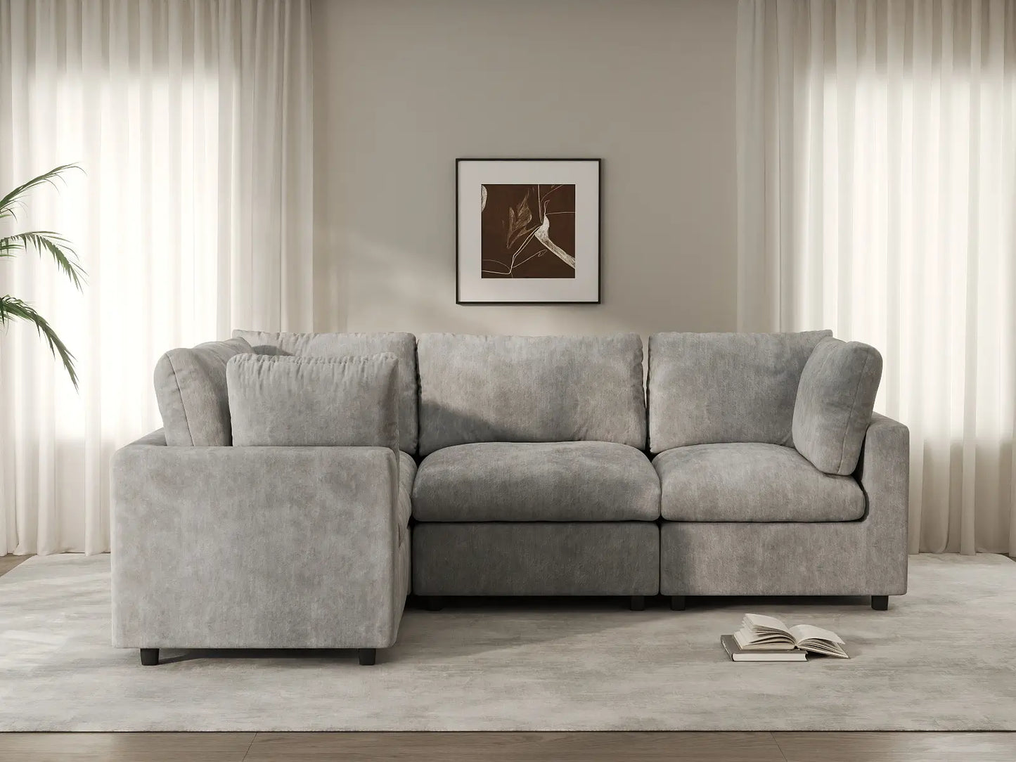 Sofá modular Deluxe Cloud de 4 plazas en forma de L, gris claro | 4 piezas, tela de chenilla mezcla de lino, fundas de cojín lavables