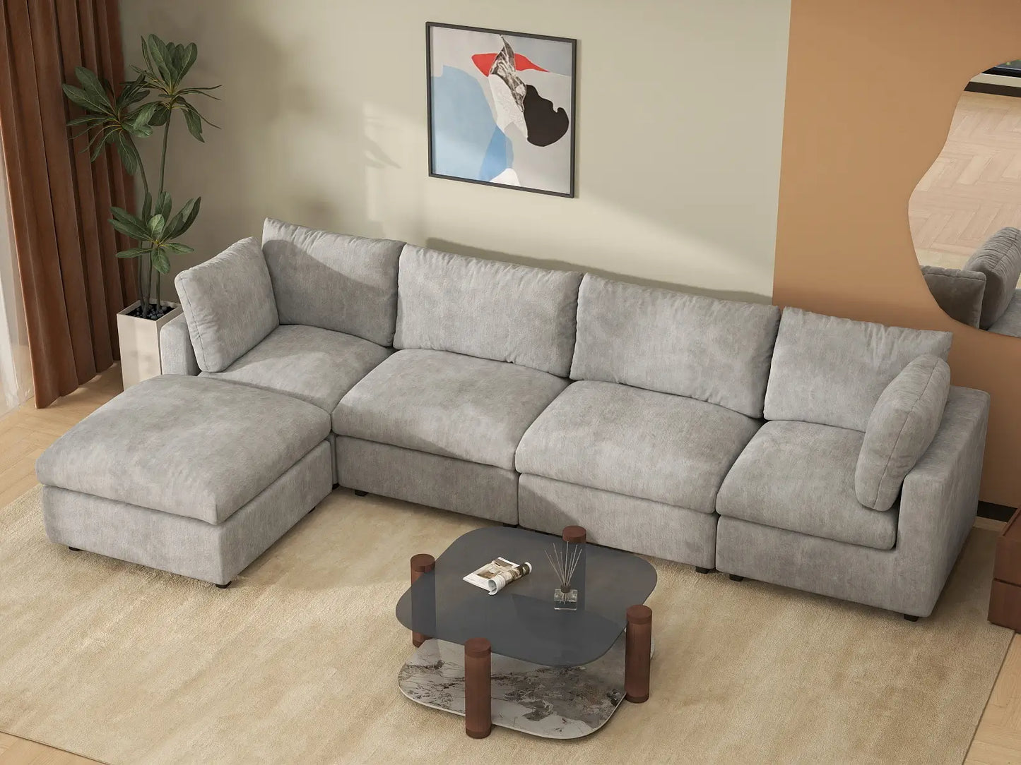 Sofá modular en forma de L Deluxe Cloud de 4 plazas gris claro | 5 piezas (incluye 1 otomana), tela de chenilla mezcla de lino, fundas de cojín lavables