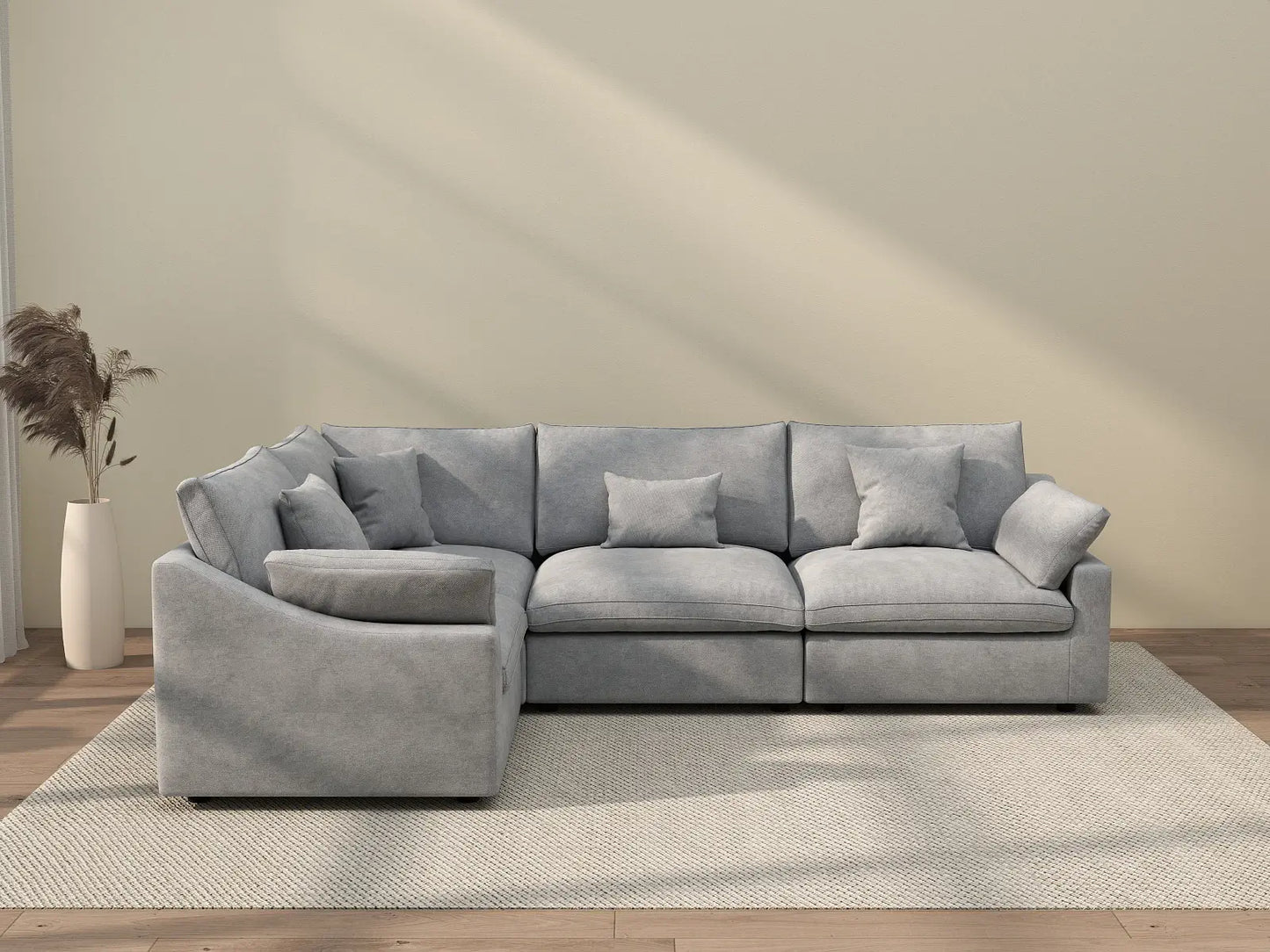 Deluxe Cloud 4-Seater Light Grey Large Space Pit Sectional | 4-Piece, Chenille And Linen Fabric, Easy To Clean