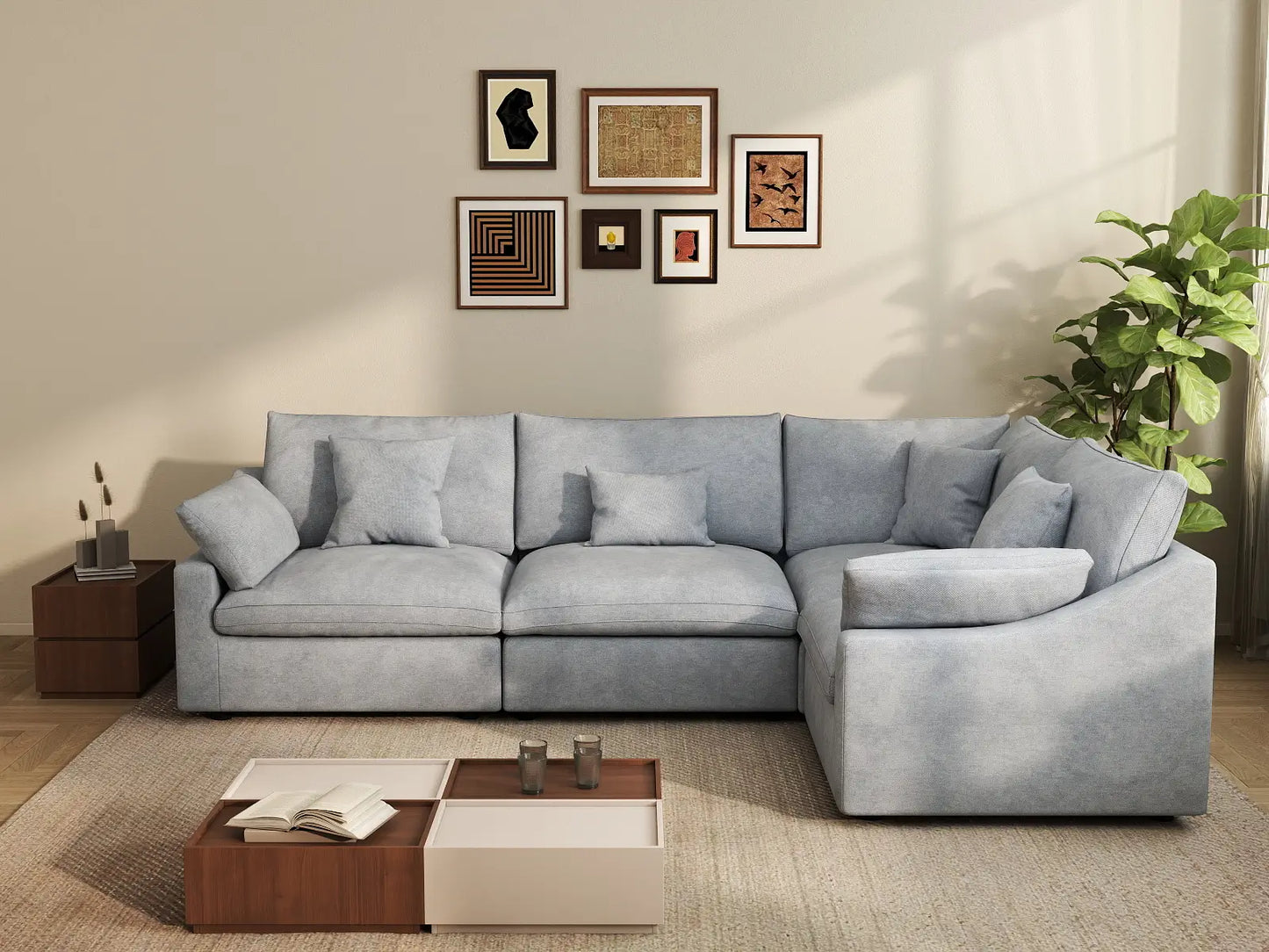 Deluxe Cloud 4-Seater Light Grey Large Space Pit Sectional | 4-Piece, Chenille And Linen Fabric, Easy To Clean