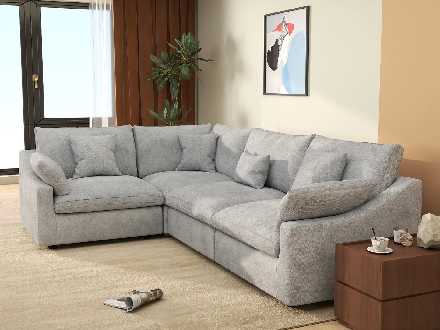 Deluxe Cloud 4-Seater Light Grey Large Space Pit Sectional | 4-Piece, Chenille And Linen Fabric, Easy To Clean