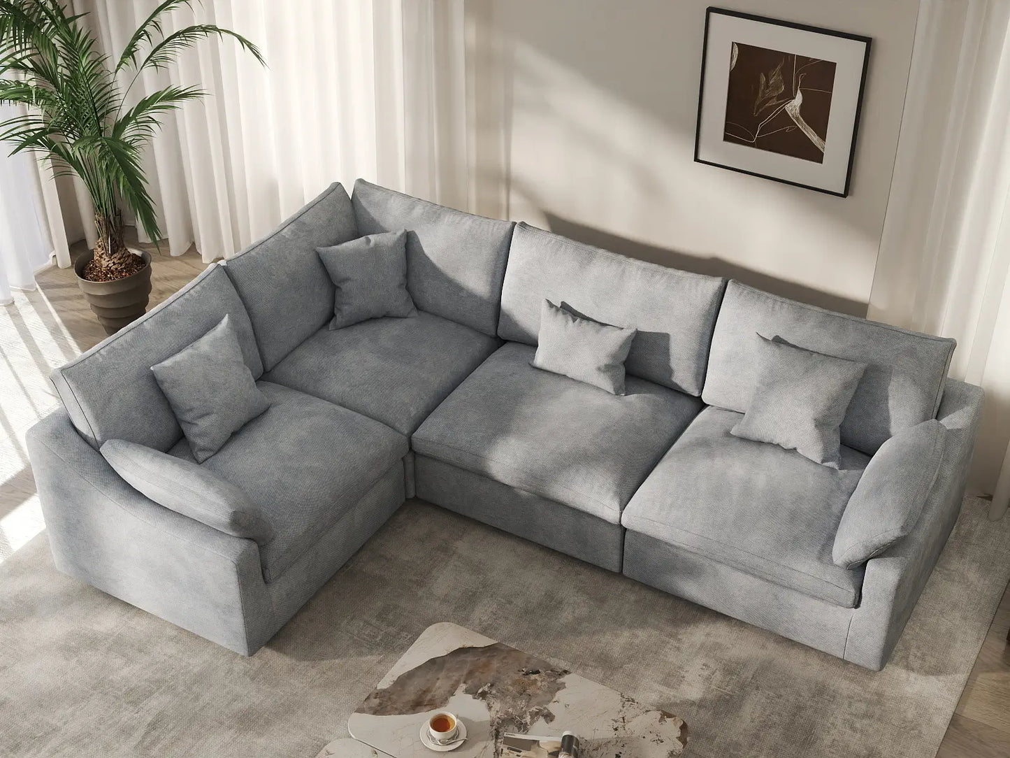 Deluxe Cloud 4-Seater Light Grey Large Space Pit Sectional | 4-Piece, Chenille And Linen Fabric, Easy To Clean