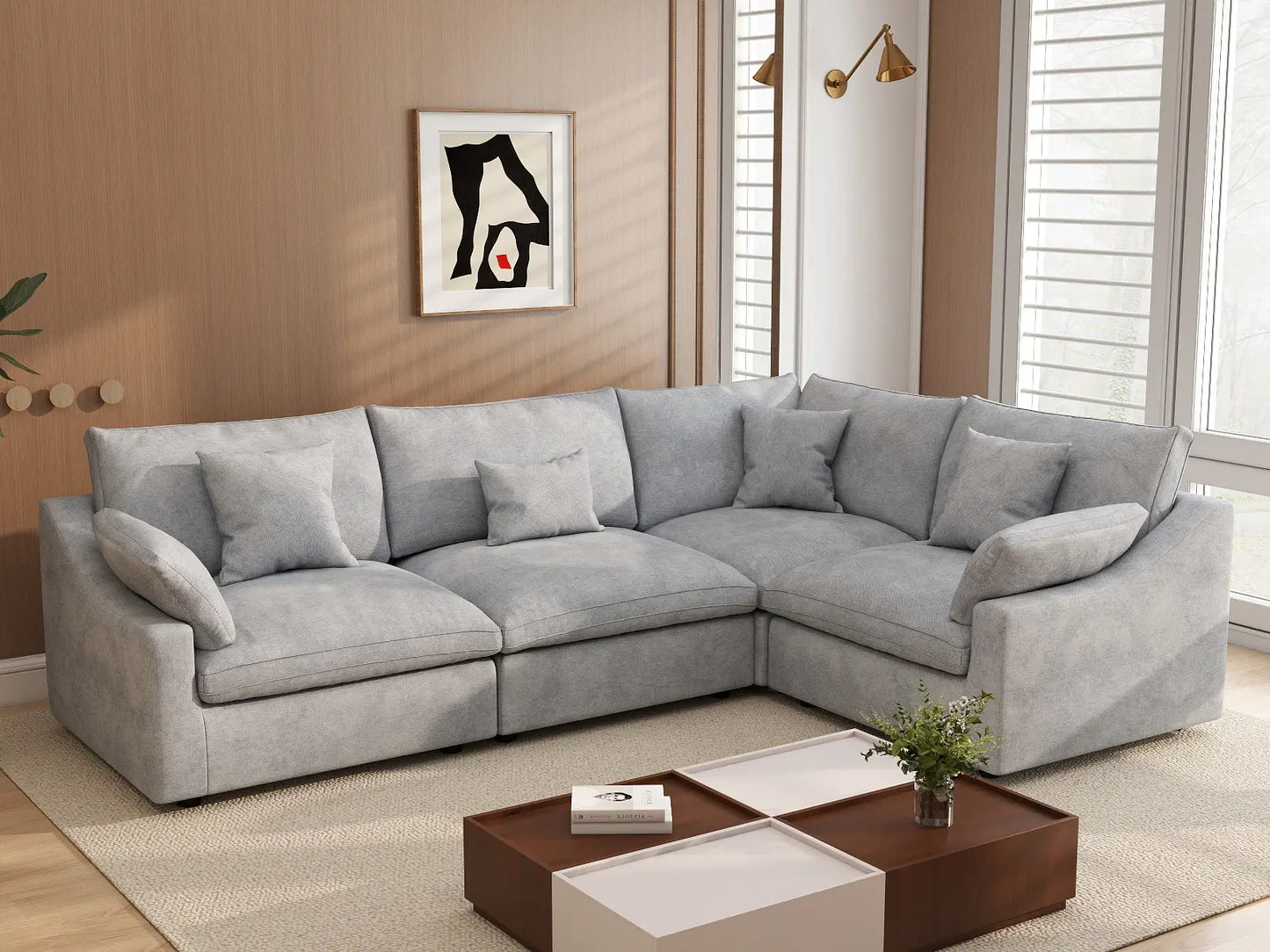 Deluxe Cloud 4-Seater Light Grey Large Space Pit Sectional | 4-Piece, Chenille And Linen Fabric, Easy To Clean
