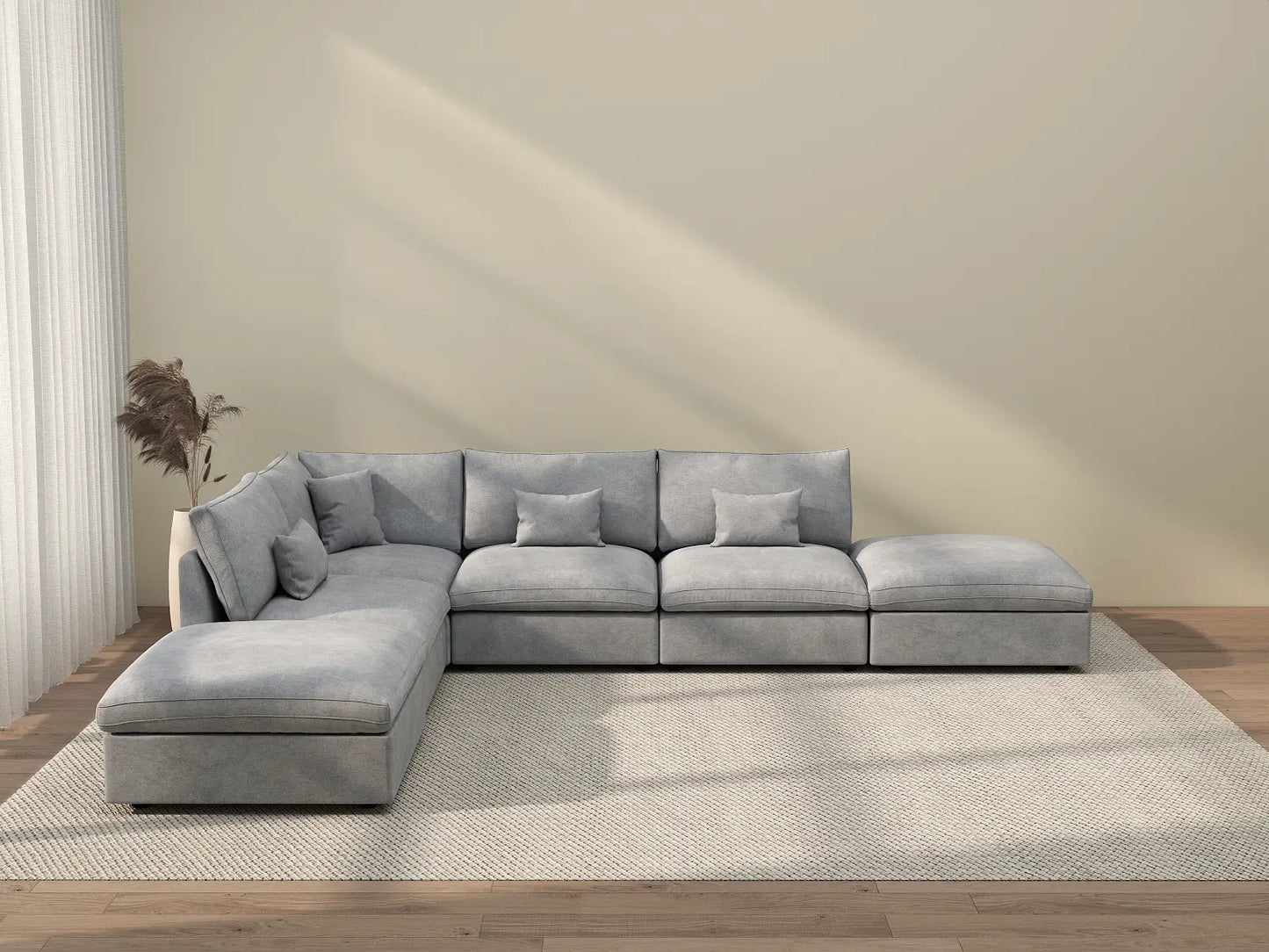 Deluxe Cloud 4-Seater Light Grey Large Space Pit Sectional | 6-Piece (Includes 2 Ottomans), Chenille And Linen Fabric, Easy To Clean