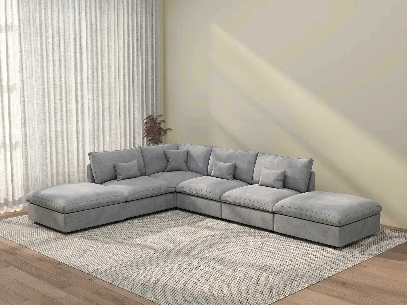 Deluxe Cloud 4-Seater Light Grey Large Space Pit Sectional | 6-Piece (Includes 2 Ottomans), Chenille And Linen Fabric, Easy To Clean