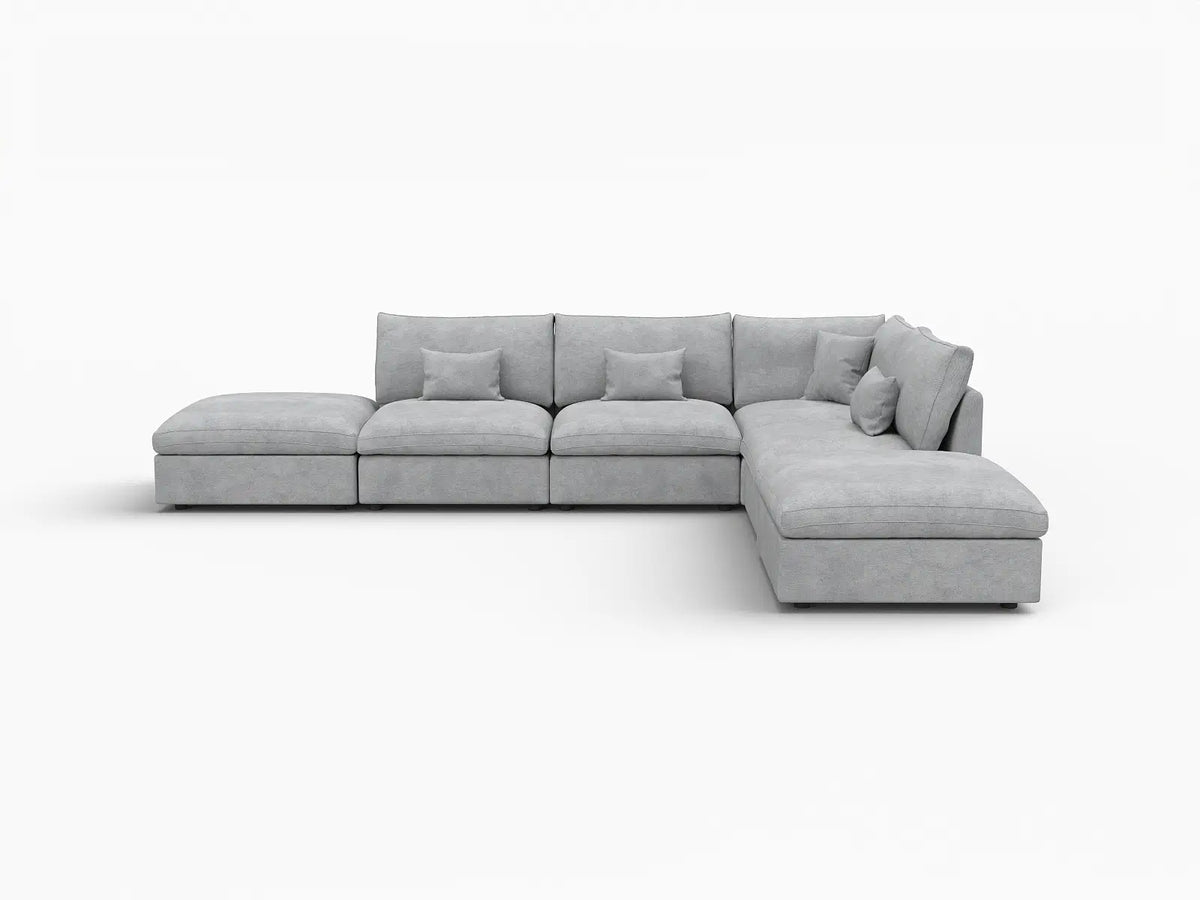 Deluxe Cloud 4-Seater Light Grey Large Space Pit Sectional | 6-Piece (Includes 2 Ottomans), Chenille And Linen Fabric, Easy To Clean