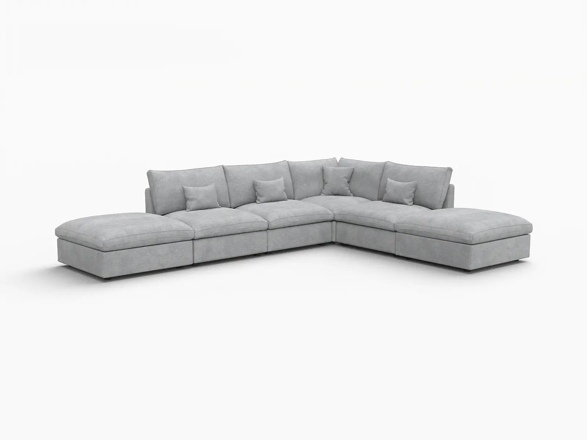 Deluxe Cloud 4-Seater Light Grey Large Space Pit Sectional | 6-Piece (Includes 2 Ottomans), Chenille And Linen Fabric, Easy To Clean