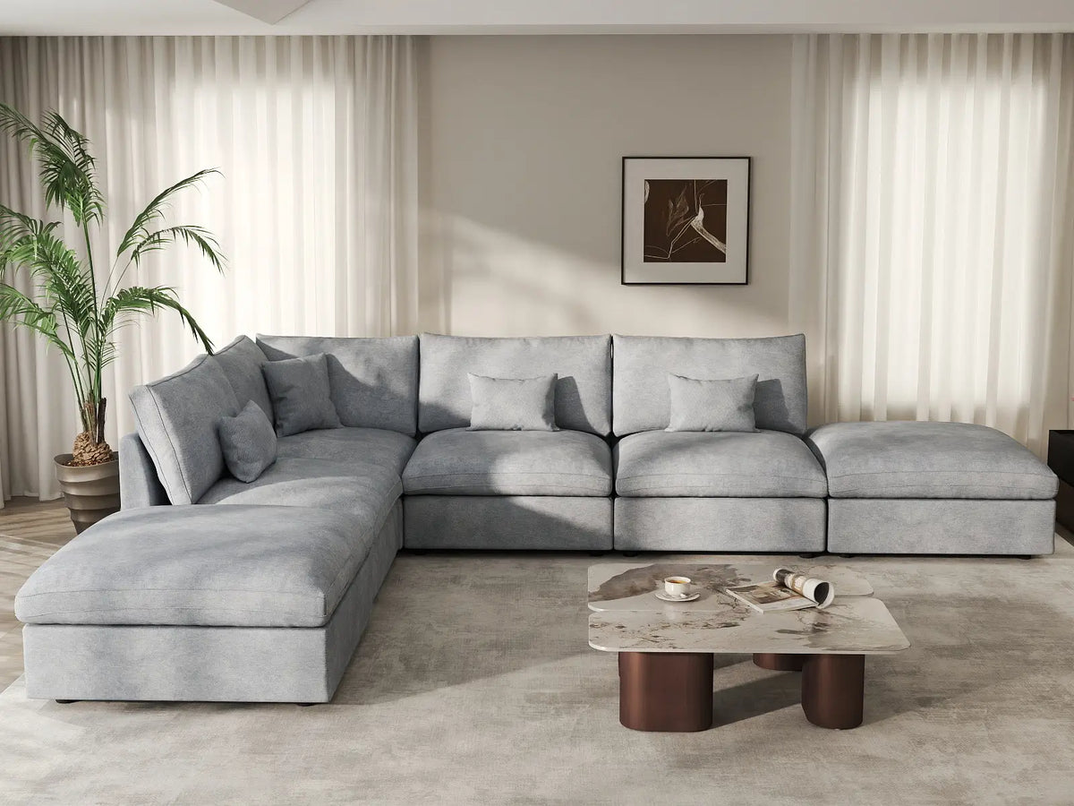 Deluxe Cloud 4-Seater Light Grey Large Space Pit Sectional | 6-Piece (Includes 2 Ottomans), Chenille And Linen Fabric, Easy To Clean