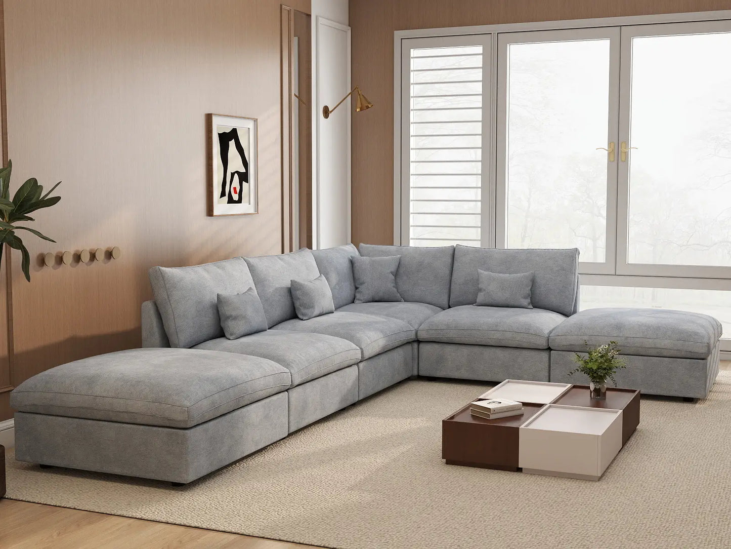 Deluxe Cloud 4-Seater Light Grey Large Space Pit Sectional | 6-Piece (Includes 2 Ottomans), Chenille And Linen Fabric, Easy To Clean