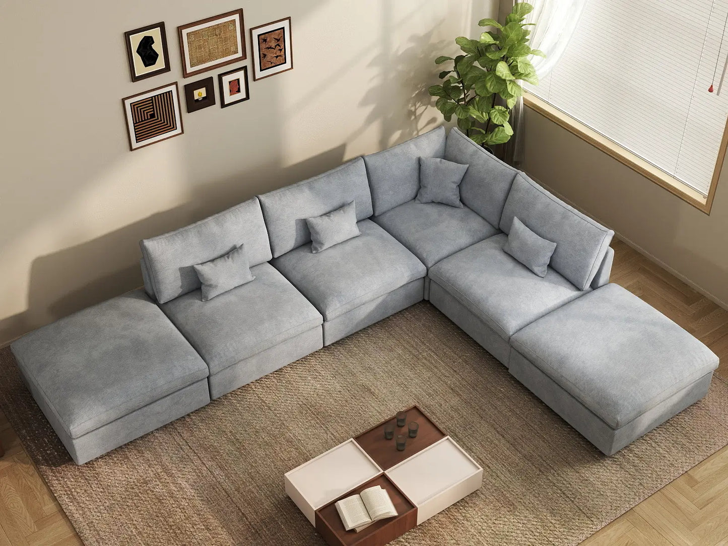 Deluxe Cloud 4-Seater Light Grey Large Space Pit Sectional | 6-Piece (Includes 2 Ottomans), Chenille And Linen Fabric, Easy To Clean