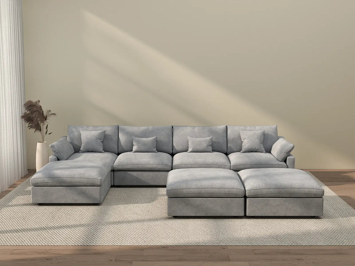 Deluxe Cloud 4-Seater Light Grey Large Space Pit Sectional | 7-Piece (Includes 3 Ottomans), Chenille And Linen Fabric, Easy To Clean