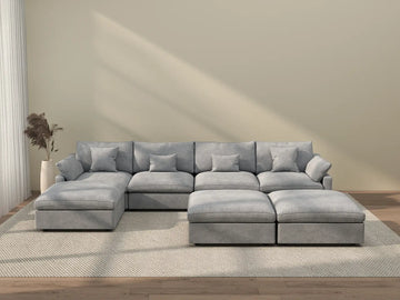 Deluxe Cloud 4-Seater Light Grey Large Space Pit Sectional | 7-Piece (Includes 3 Ottomans), Chenille And Linen Fabric, Easy To Clean