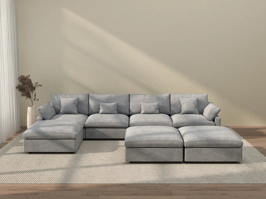 Deluxe Cloud 4-Seater Light Grey Large Space Pit Sectional | 7-Piece (Includes 3 Ottomans), Chenille And Linen Fabric, Easy To Clean